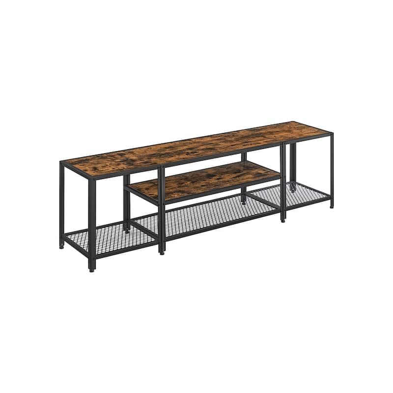 Rustic Brown and Black Industrial TV Stand for TVs up to 75 Inches with Steel Frame and Storage Shelves