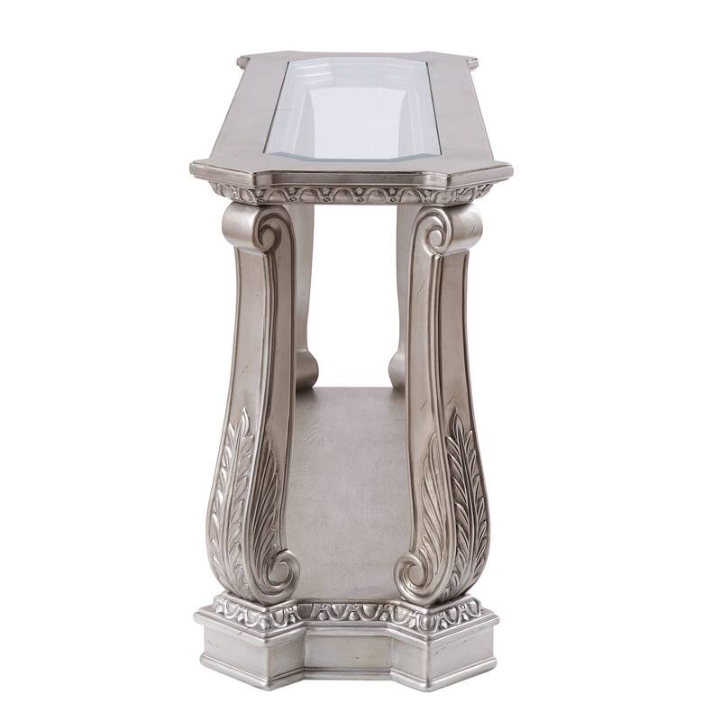 Antique Sofa Table with Polyresin Carvings and Clear Glass Top, Silver