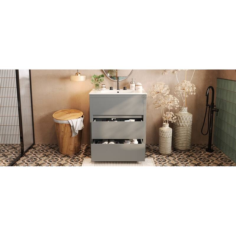 30" Vanity with Sink and 2 Full-Extension Drawers,Freestanding Vanity with 45°,Soft Close Undermount Drawer Slides