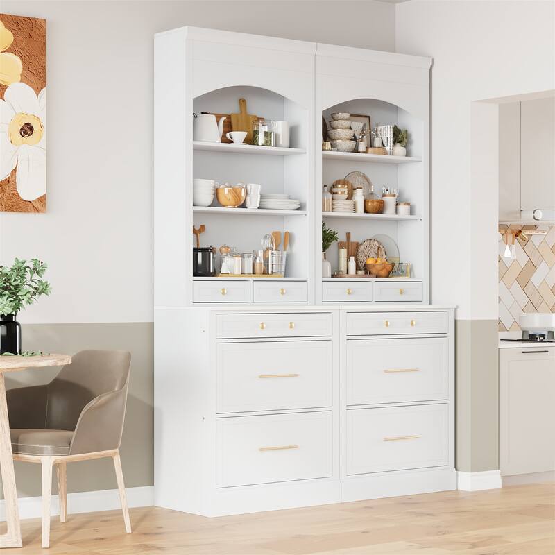 Freestanding Tall Kitchen Hutch with Faux Marble Top(Set of 2)