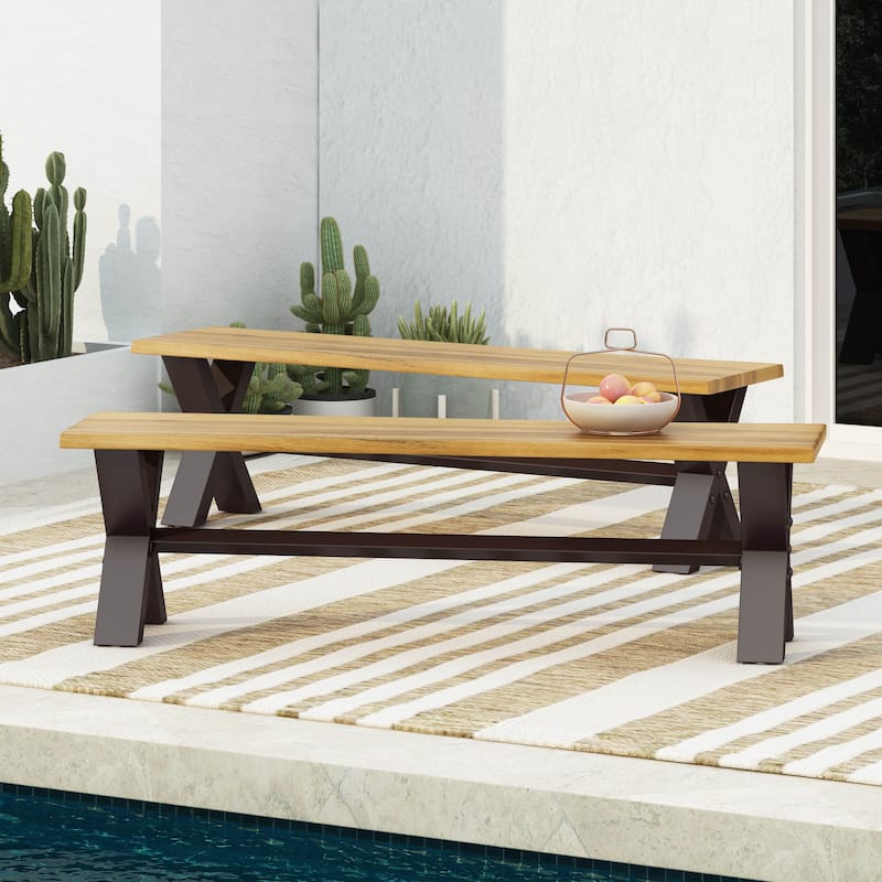 Sanibel Acacia Wood Teak Dining Bench with Iron Legs 63 Inch Rustic Outdoor Patio Seat