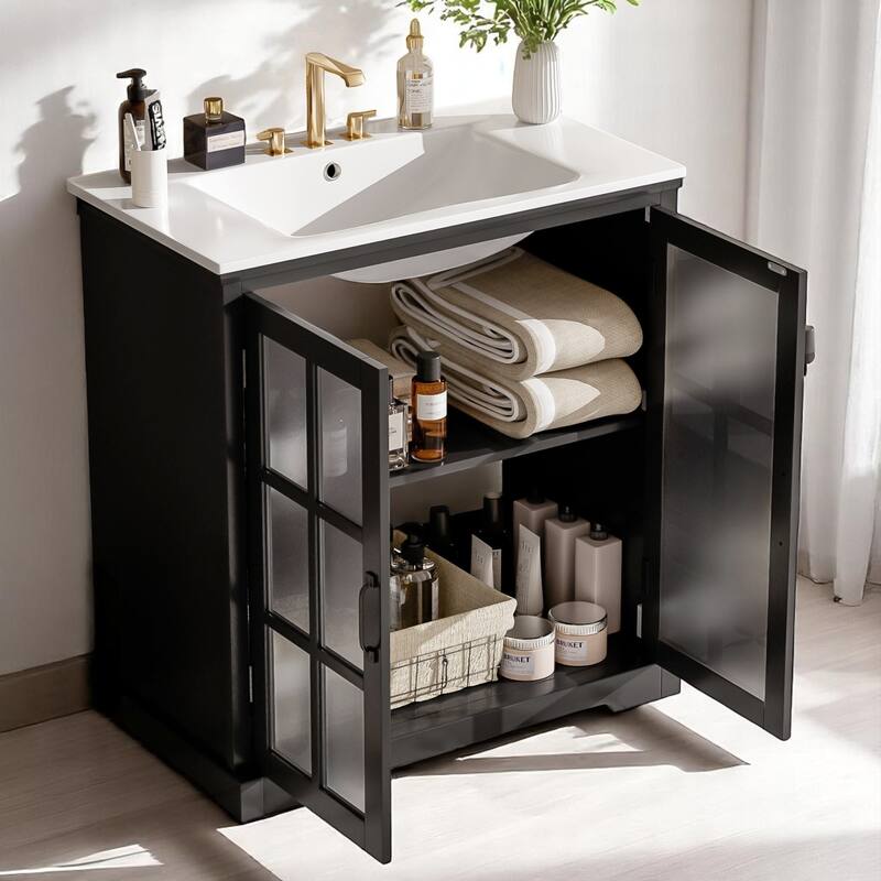 30" Bathroom Vanity with Ceramic Sink, Tempered Blurred Glass Doors,Adjustable Shelf, Freestanding Cabinet (Faucet Not Included)