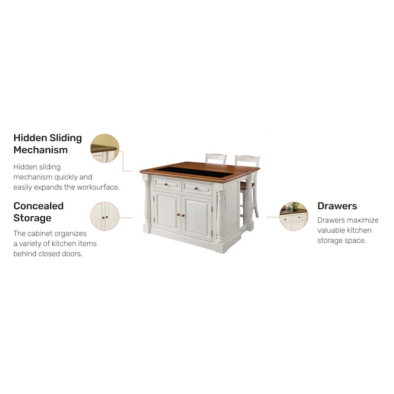Monarch Off-White Kitchen Island with Granite Top and 2 Stools