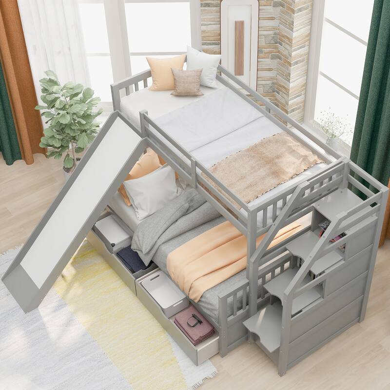 Twin over Full Bunk Bed with Drawers,Storage and Slide, Multifunction - Grey