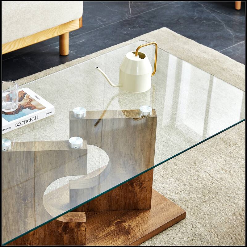 Rectangular Coffee Table with Tempered Glass Tabletop and White MDF Legs