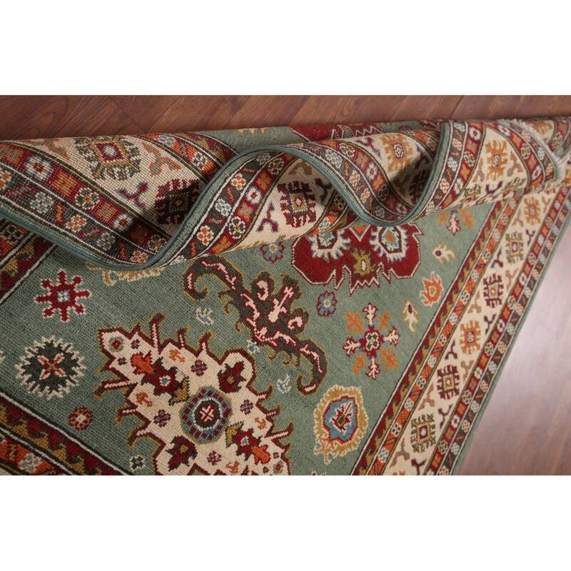 Hand Knotted Oriental 100% Wool Carpet Traditional Geometric Green Kazak Area Rug - 5' 10'' X 3' 11''