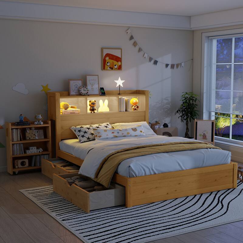 Full Size Bed with Drawers, Wood Full Bed with Storage Headboard and Pull Out Storage Cabinet, Wood Bed with Light and Socket