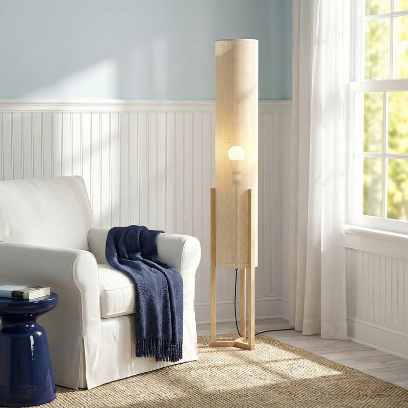 Kelly Modern Natural Wood Floor Lamp with Faux Linen Shade