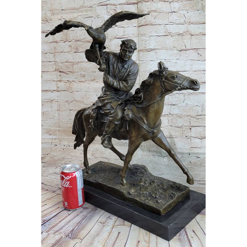 Horse Mounted Khazak Eagle Falcon Hunter Trained Bird Bronze Statue Sculpture Figure 21 Inches X 21 Inches