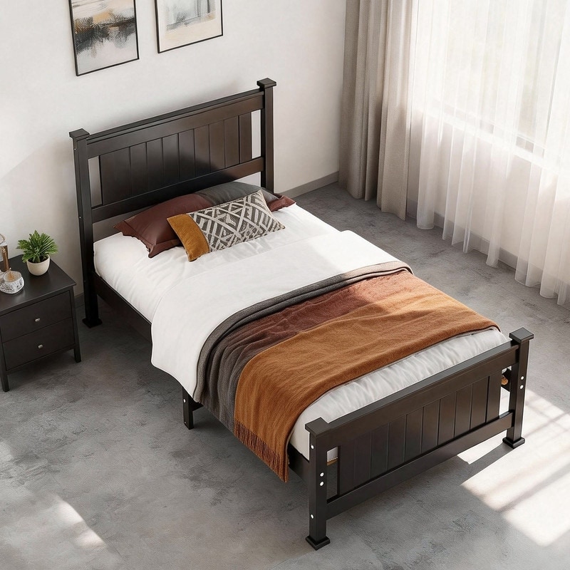 Twin Size Black Wood Platform Bed Frame with Headboard,Under Bed Storage Space,No Box Spring Needed,Heavy duty