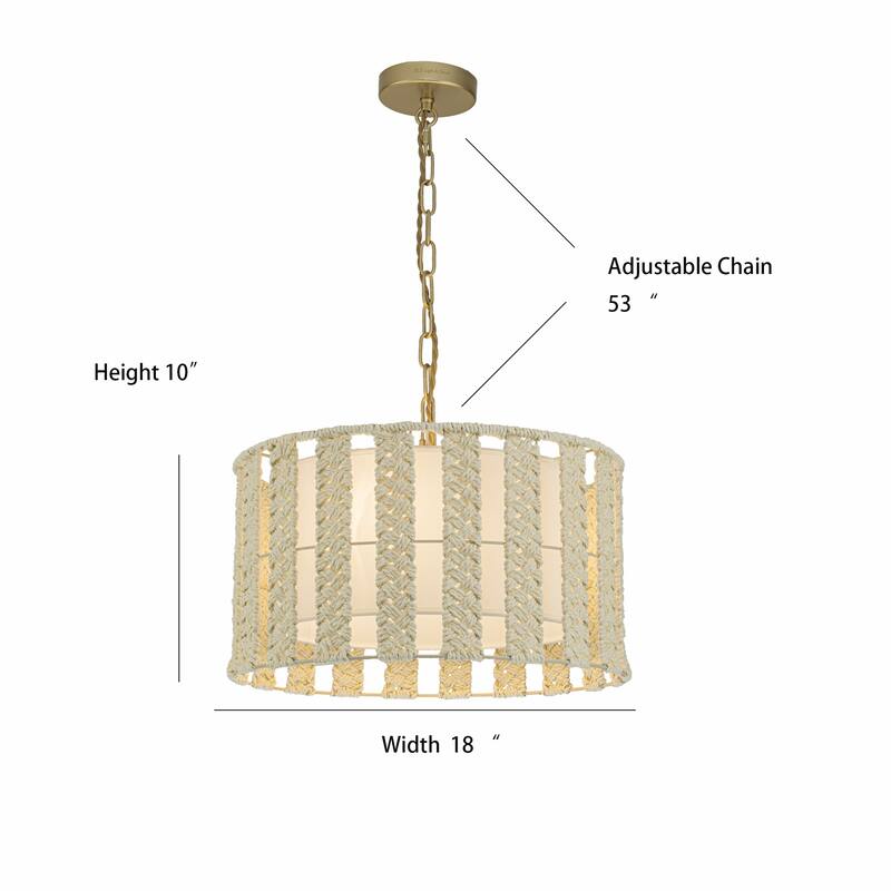 Roka 3-Light Rattan Rope Drum Pendant, Coastal Boho - Handwoven - 18" Wide