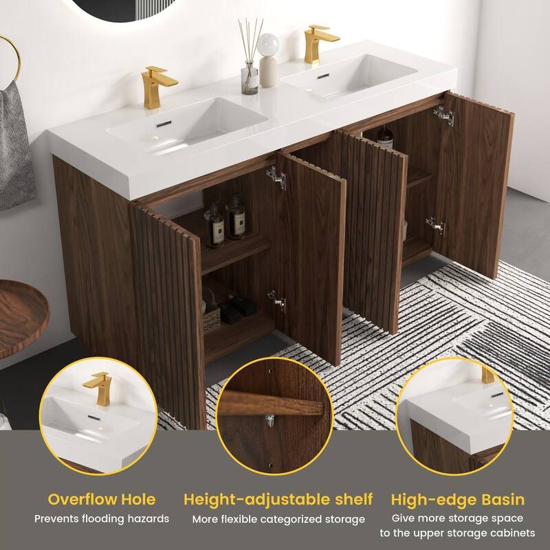 GDFStudio - Galan 60" Freestanding Bathroom Vanity with Quartz Sink, Solf Close Doors, Open Storage Shelf, NO Drain & Faucet