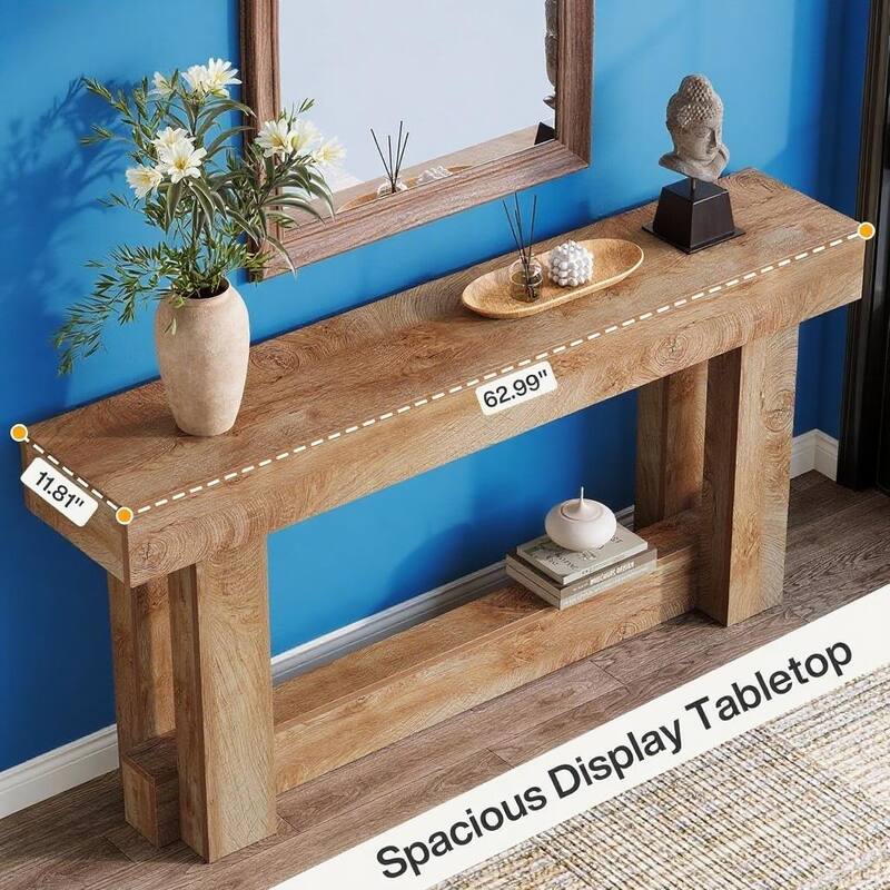 Farmhouse Console Table 63 Inch Engineered Wood MDF Entryway Living Room Hallway Sofa Table with Rustic Wood Finish
