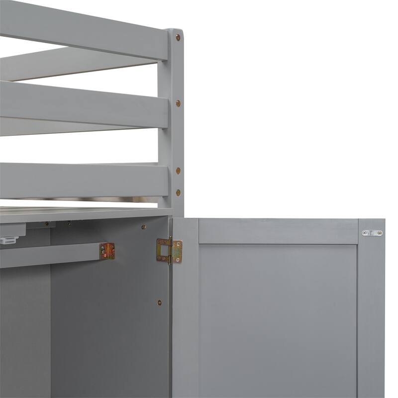 Wood Twin Size Loft Bed with Built-in Storage Wardrobe and 2 Windows
