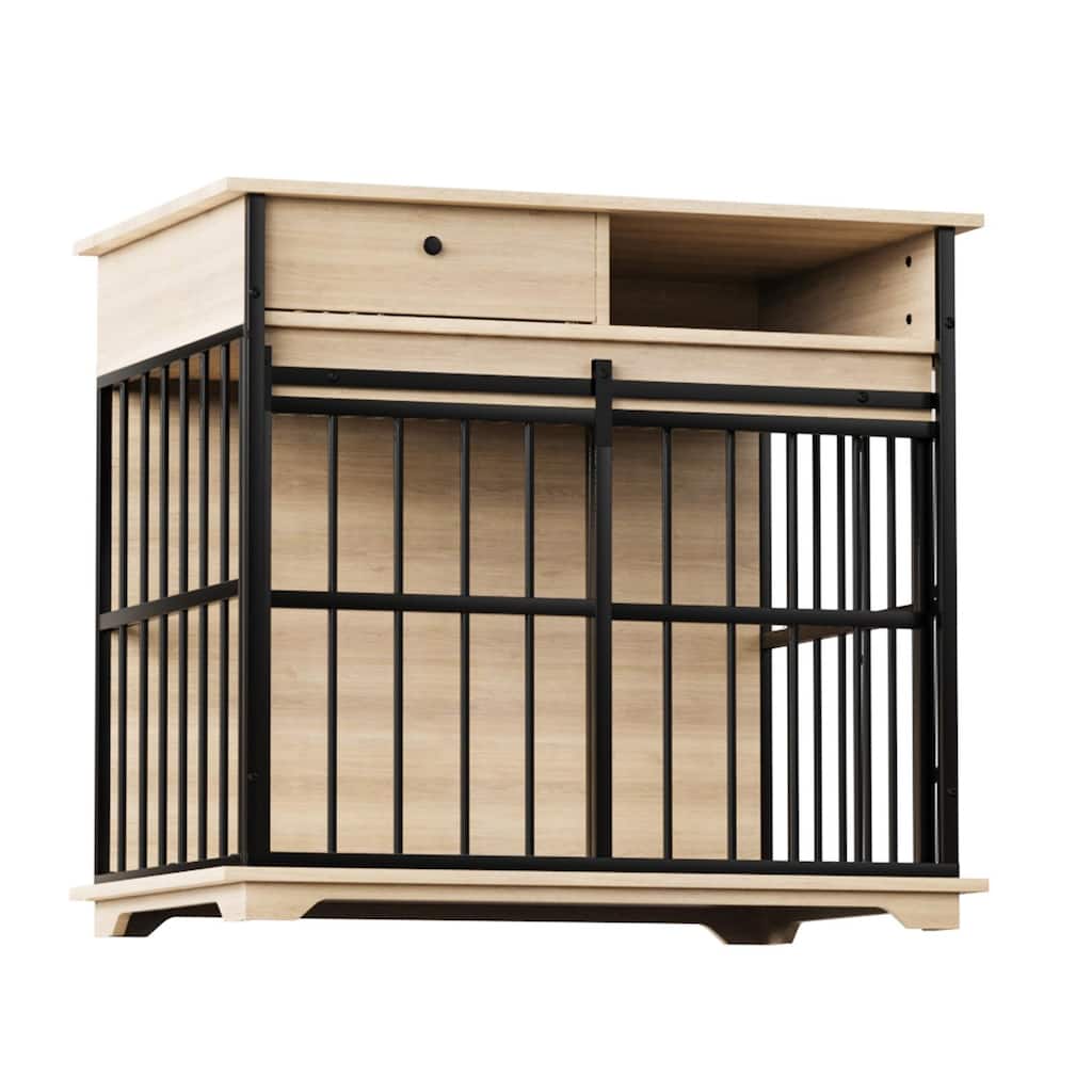 Dog Crate Furniture with Drawer & Sliding Door, Decorative Pet Kennel End Table for Medium Dogs, Wooden Dog Crate with Tray