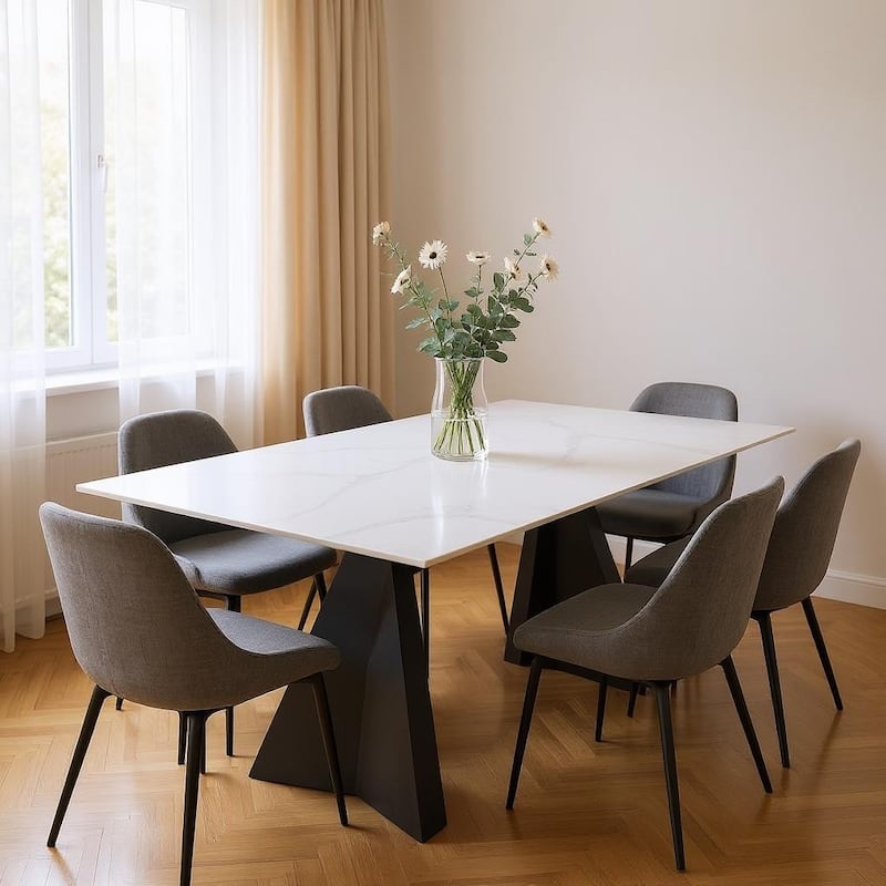 HomeRoots 79" White and Black Sintered Stone and Steel Double Pedestal Base Dining Table - 79.00 in. x 29.50 in. x 40.00 in. - White - 79.00 in. x 29.50 in.  x 40.00 in.