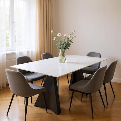 HomeRoots 79" White and Black Sintered Stone and Steel Double Pedestal Base Dining Table - 79.00 in. x 29.50 in. x 40.00 in.