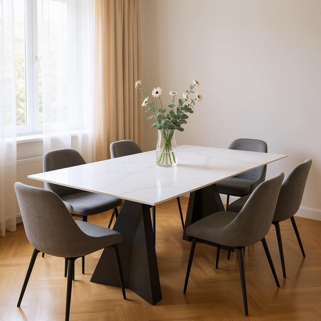 HomeRoots 79" White and Black Sintered Stone and Steel Double Pedestal Base Dining Table - 79.00 in. x 29.50 in. x 40.00 in.