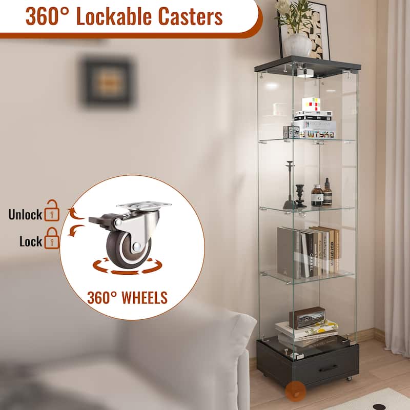 65.9" Modern Glass Display Cabinet with Drawer, LED Lights, Lockable Storage & 4 Tempered Glass Shelves