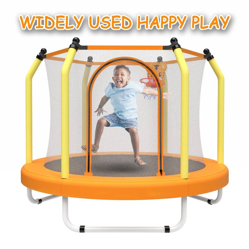 55-Inch Kids Indoor & Outdoor Toddler Trampoline with Basketball Hoop, Safety Net Included - 4.5FT