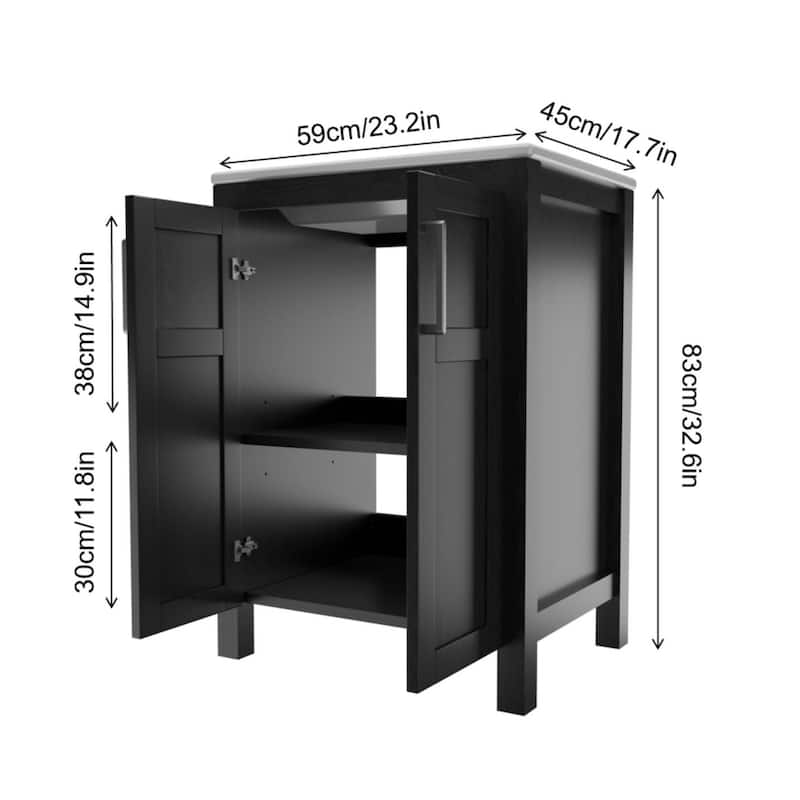 24 Inch Bathroom Vanity with Sink, Black Vanity Cabinet with White Ceramic Sink, Faucet and Pop-Up Drain Set