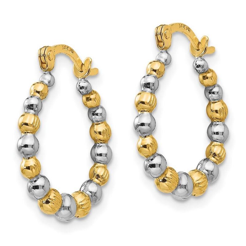 Curata 14k Yellow Gold and Rhodium Beaded Hoop Earrings - 18x16mm Wide 2mm Thick