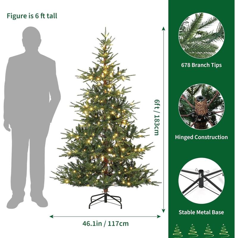 6 ft Pre-Lit Artificial Christmas Tree, Hinged Aspen Fir, 678 Branch Tips
