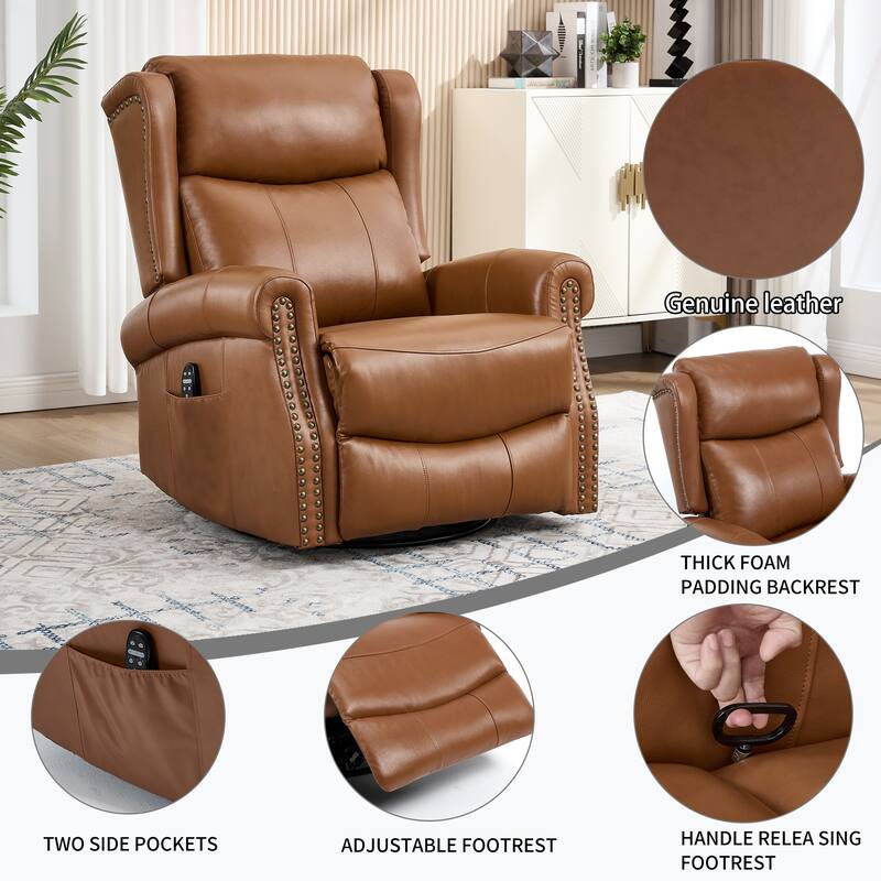 Genuine Leather Swivel Recliner Chair, Sofa Chair with Side Pockets, Manual Recliner Chair with Heat & Massage