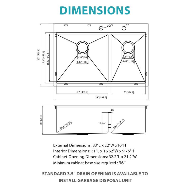Topmount Drop in Kitchen Sink - 33"x 22" x 10" Double Bowl (60/40) Kitchen Sink 16 Gauge with Two 10" Deep Basin