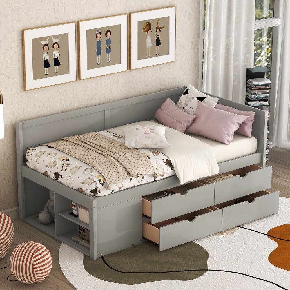 Low-profile Storage Bed Daybed with Drawers and Side Shelves for Kids