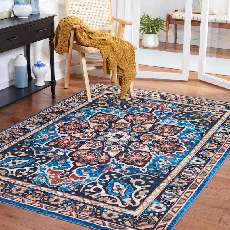 SAFAVIEH Riviera Machine Washable Slip Resistant Wilma Oriental Rug - 4'5" x 6' - Blue/Black
