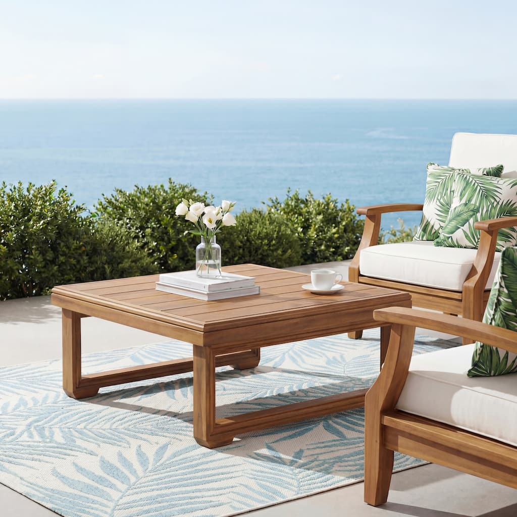 Christopher Knight Home - Westches Mid-Century 25.59" Square Outdoor Acacia Wood Coffee Table with Slatted Tabletop & Sled Legs
