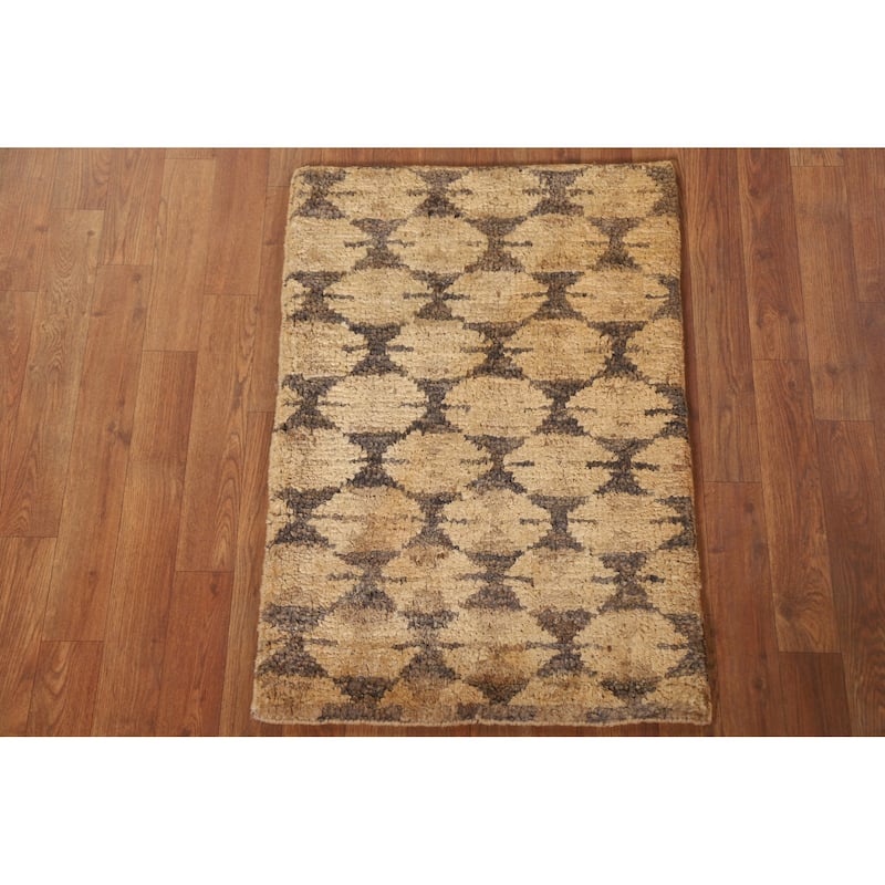 Hand Knotted Oriental Jute Carpet Modern All-Over Yellow & Gold Moroccan Area Rug - 3' 0'' X 2' 0''