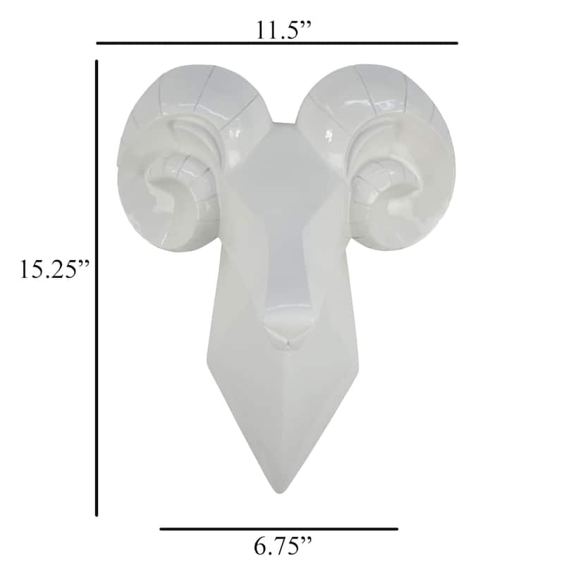Ellena Ram Head Wall Decor, Modern Glossy White Resin Frame, 15 Inch