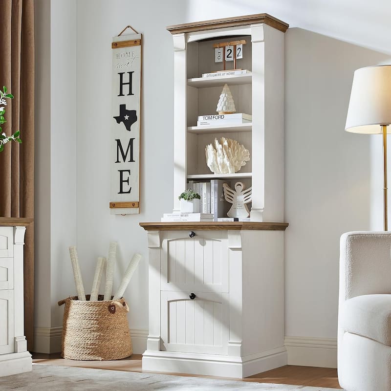 Farmhouse Bookcase with 2 File Drawers, 72" Tall Wooden Bookshelf - Antique White