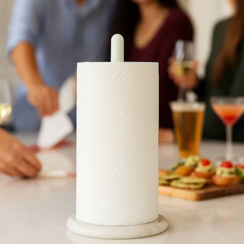 Creative Home White Marble Upright Paper Towel Holder with White Metal Pole