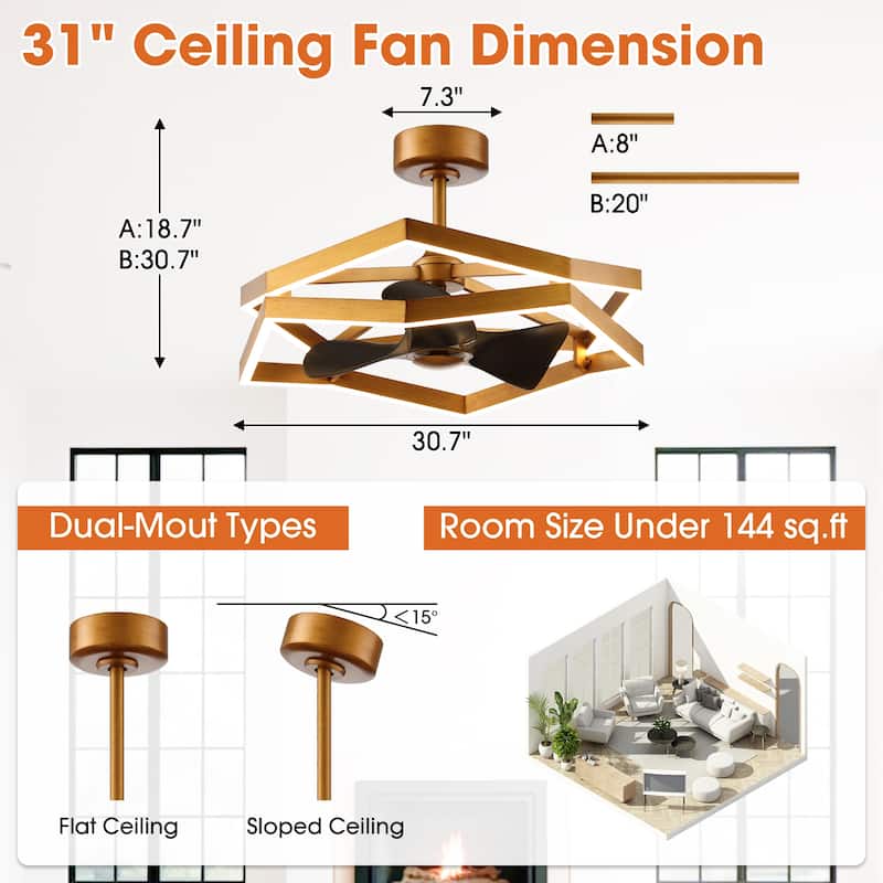 31" Antique Brass Geometric Dimmable Fandelier Caged Ceiling Fan with Light and Remote