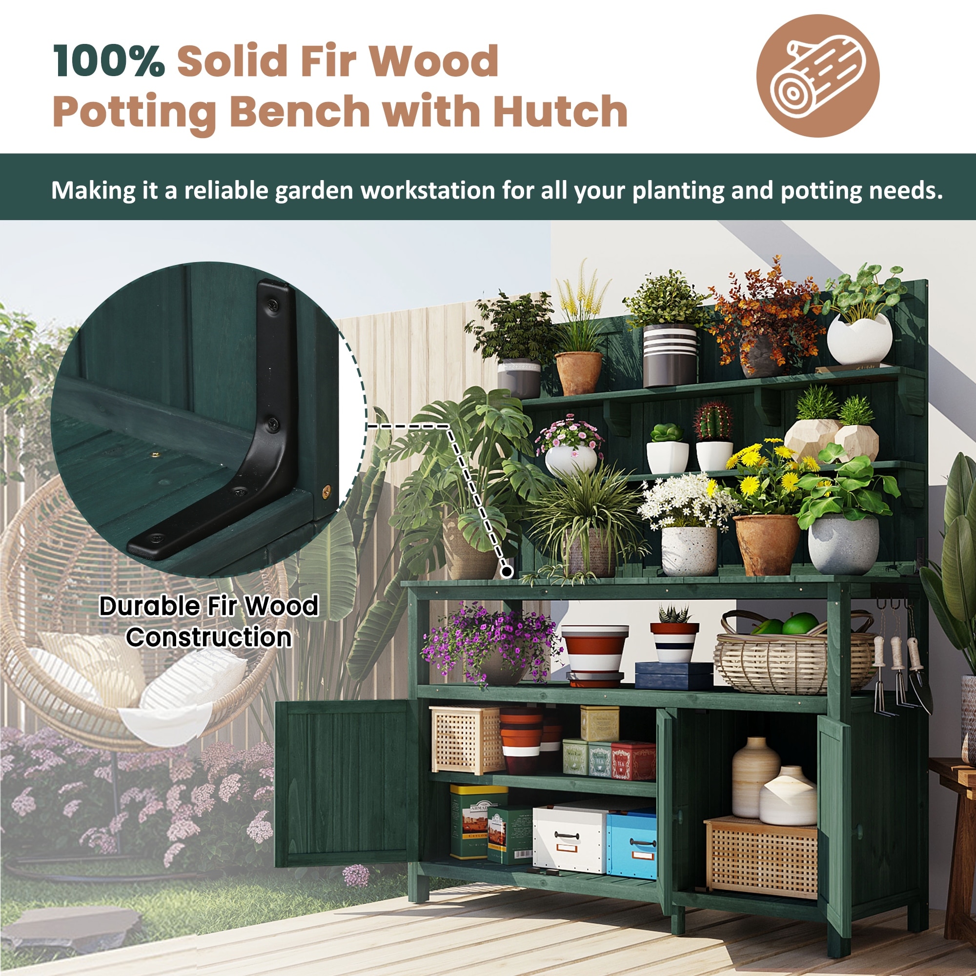 Roomfitters 50 Inch Solid Fir Wood Potting Bench with Hutch and Cabinets, Garden Workstation Table