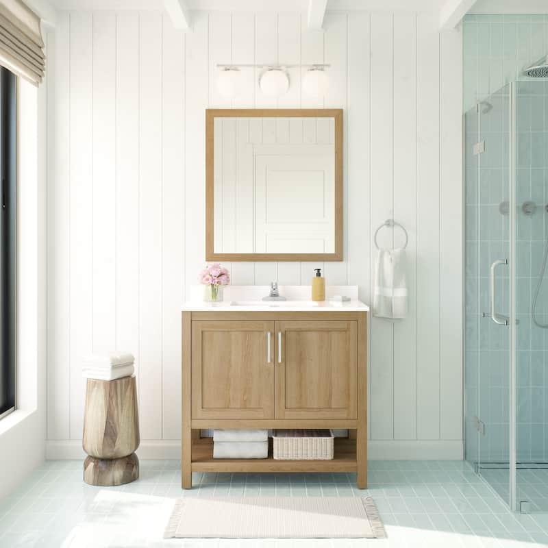 Ove Decors Vegas 36" Bathroom Vanity Combo w/ Top and Backslplash, White Oak - Chrome Finish - Off White - Single Vanities
