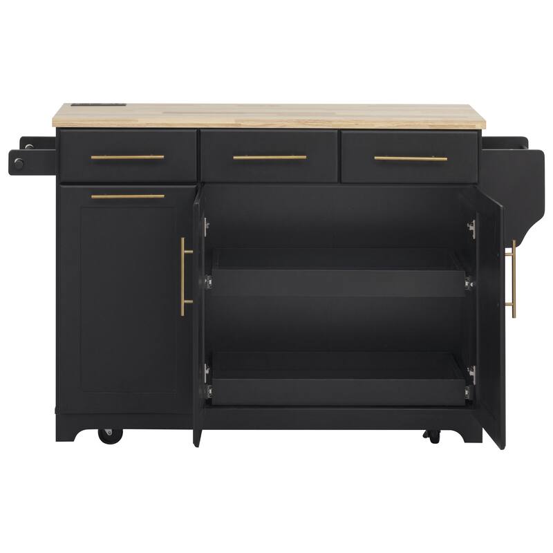 59.3" Rolling Kitchen Island with Storage 2 Pull Out Cabinet Organizers & Rubber Wood Drop Leaf,Trash Can Storage,Power Outlet