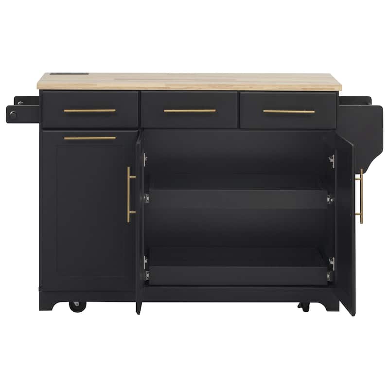 59.3" Rolling Kitchen Island with Storage and Pull-Out Organizers Rubber Wood Drop Leaf Rolling Design for Versatile Use