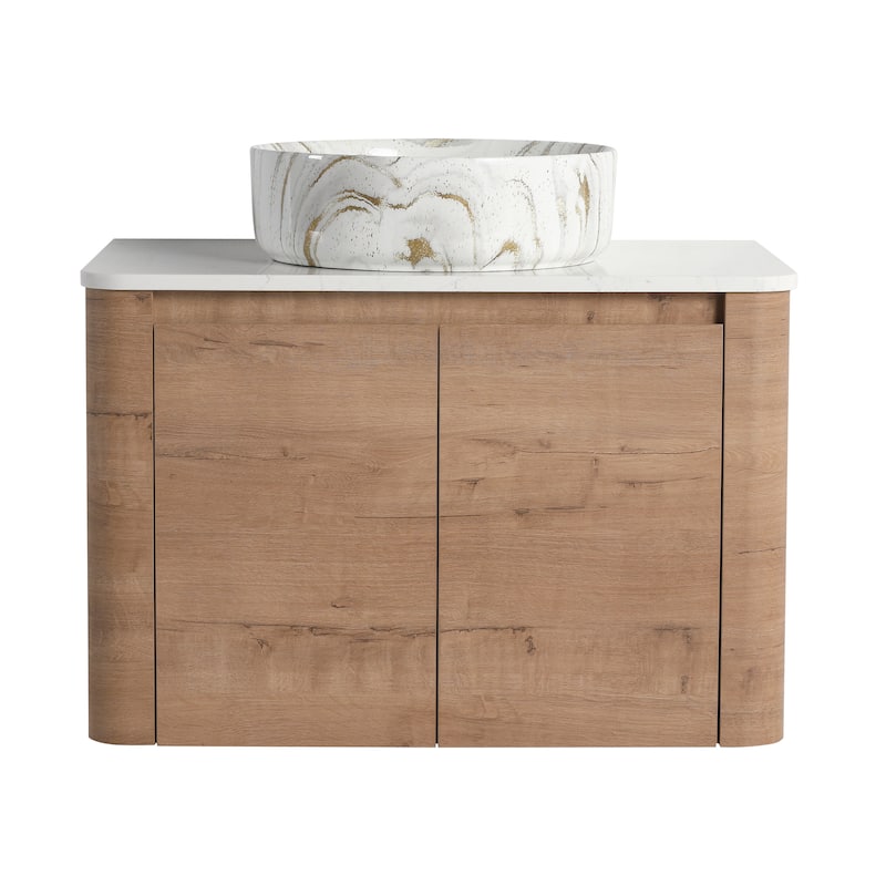 30'' Wall-Mounted Bathroom Vanity With Ceramic Art Sink & 2-Soft-Close Door, KD-Packing, Plywood