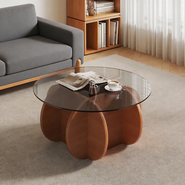Mid Century Center Table with Tempered Glass Top and Wood, Walnut