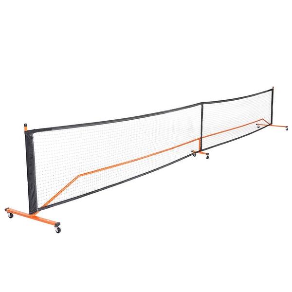 dimension image slide 1 of 3, Red Steel and Fiberglass Volleyball Net, 14ft Wide, Adjustable Height, Portable and Weather-Resistant