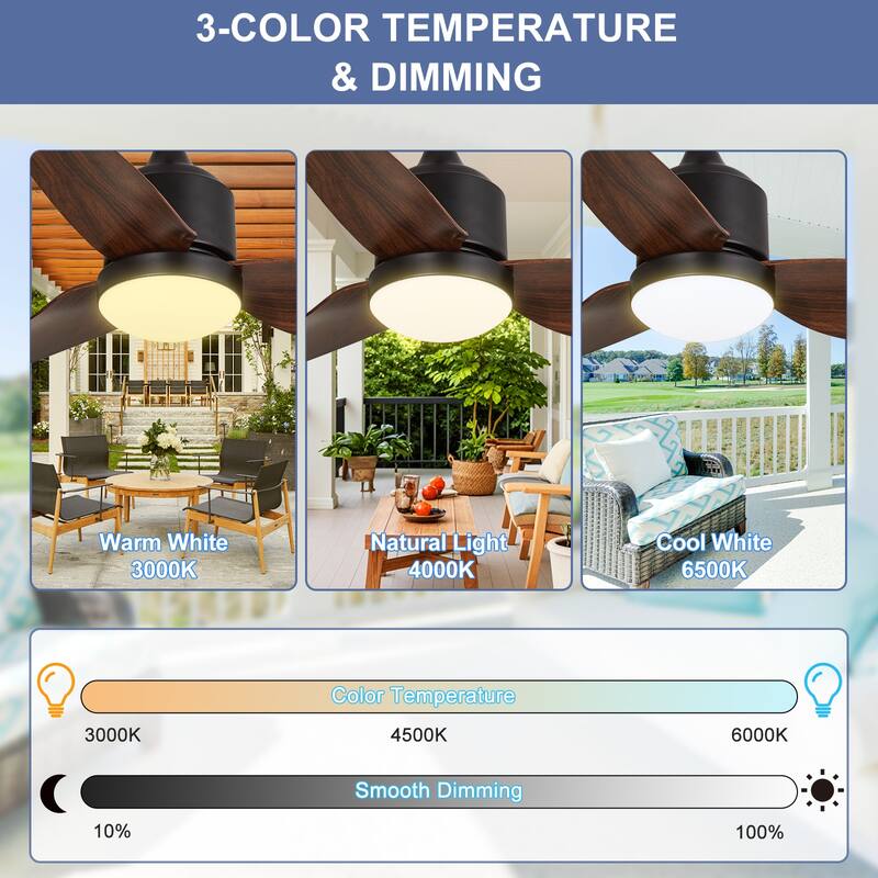 Outdoor Ceiling Fan with Light: 42-52 Inch Hanging - Plug in Waterproof Fans for Patio - Dimmable Remote App Control Black