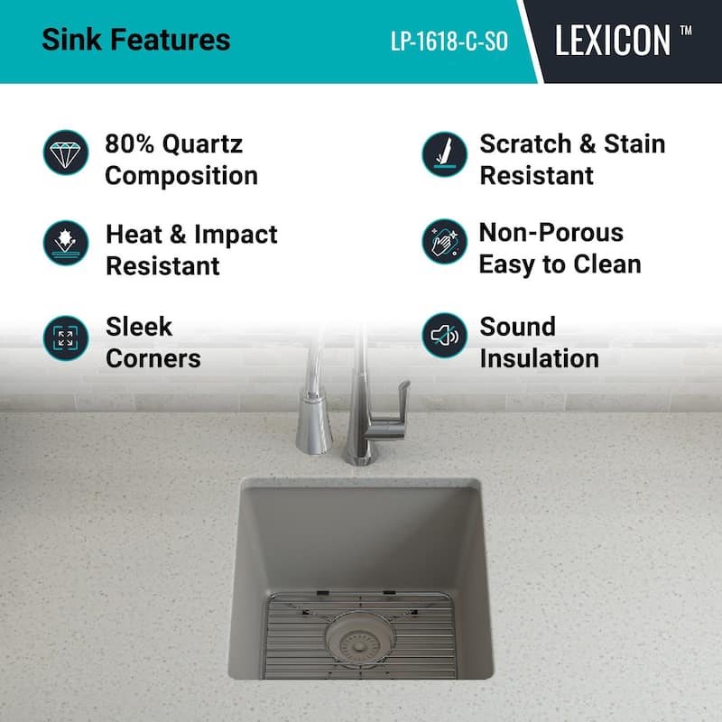 16" x 18" Quartz Single Bowl Kitchen Sink, Drop-In/Undermount, Granite Composite with Steel Grids & Basket Strainer,...