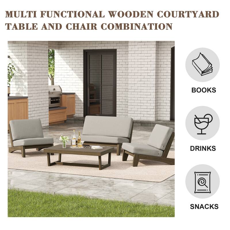 4 Set Outdoor Patio Teak Wood Club Chairs Loveseat with Coffee Table