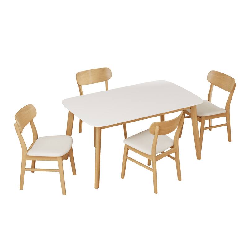 Roomfitters 5-Piece Mid-Century Dining Set, 59" White Oak Table with 4 Upholstered Solid Wood Chairs