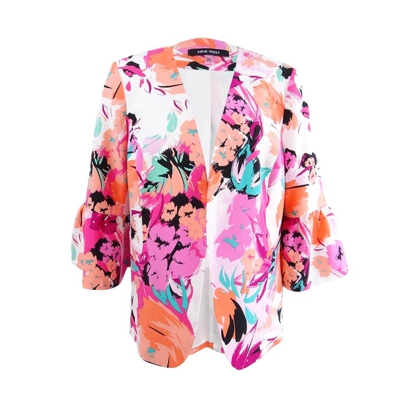Nine West Women's Plus Size Ruffle-Sleeve Floral Jacket - Hibiscus Multi