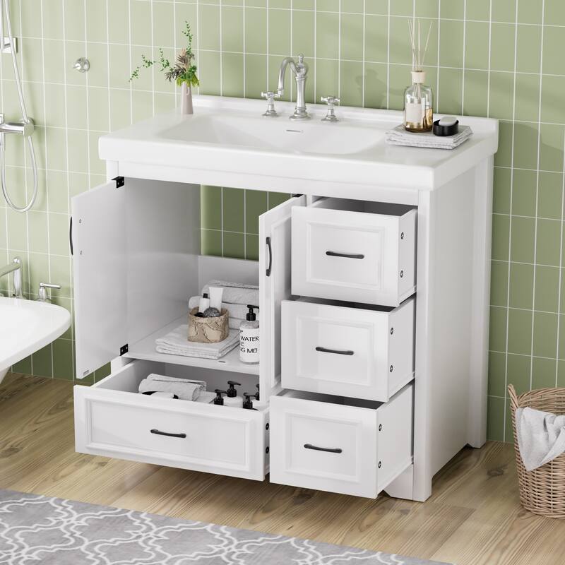 36'' Bathroom Vanities with Single Sink, Modern Undermount Bathroom Sink Cabinet with 2 Closing Doors&4 Drawers.White